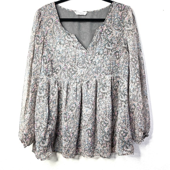 Lucky Brand Semi Sheer Metallic Thread Boho Peasant Flowy Feminine Blouse Sz XL - Picture 3 of 12